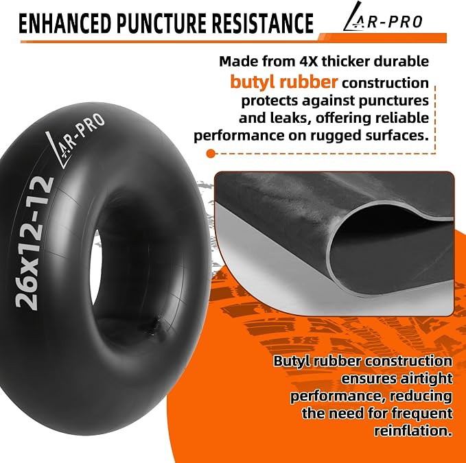 AR-PRO Relacement 26x12-12 Heavy-Duty Inner Tubes for ATV/UTV, Lawn Tractor, Golf Cart, Snow Blowers, and More - With TR13 Straight Valve Stems - Made from Durable Butyl Rubber (2-Pack)