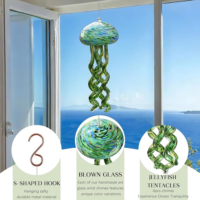 H&D HYALINE & DORA Sea Blown Glass Wind Chimes for Outside Jellyfish Wind Chimes 10 Inch Ocean Beach Themed Chime Gift Sea Glass Hanging Decor for Patio, Window & Garden