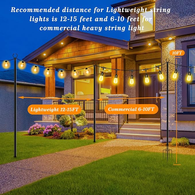 Mutovlin 10 Pack String Light Poles,10 Ft Light Poles for Outside String Lights,Outdoor Lights Pole with Fork,Metal Poles Stand for Patio Deck Backyard