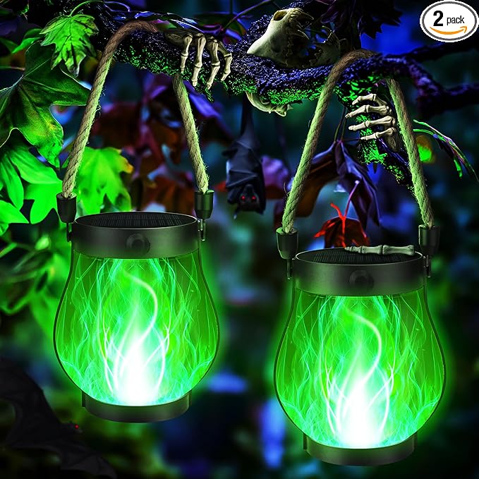 Jyoiat Solar Flame Lantern Hanging Outdoor Waterproof - 2 Pack Flame Lanterns with Dual Charging Modes of Solar & USB for Garden or Yard Decorations (Green - 2 Pack)