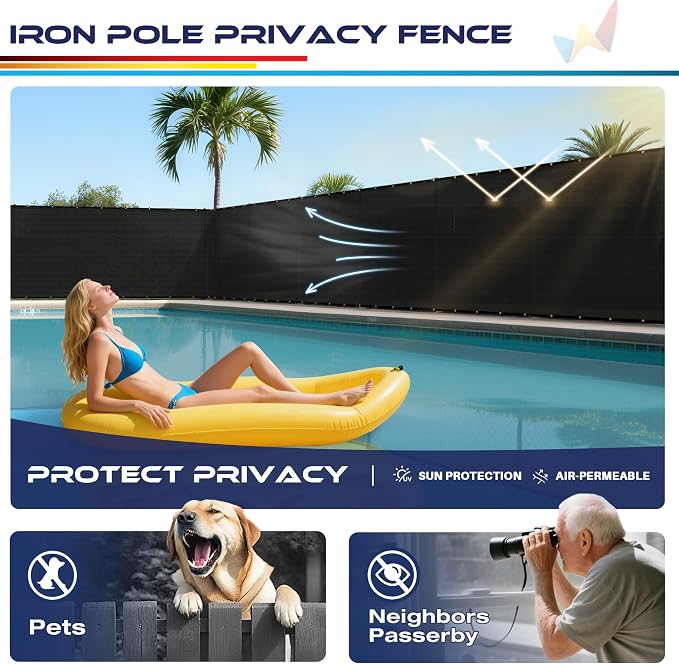 Windscreen4less Outdoor Privacy Fence Screen, 5'x127' Freestanding Privacy Fencing Set with Iron Poles and Ground Spikes, UV Resistant Mesh Cover Garden Pet Fencing for Backyard Patio Pool, Black