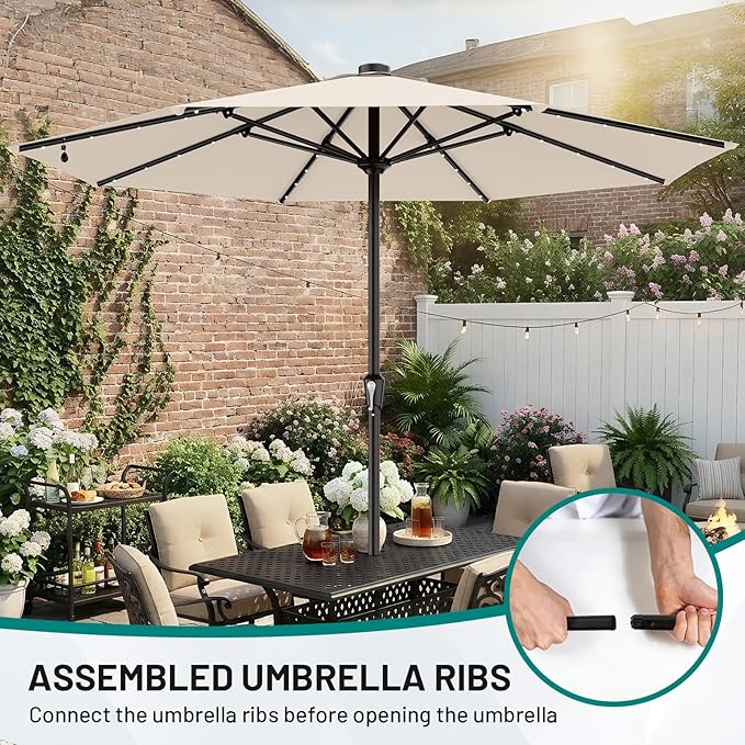 AreShark 11FT Large Patio Umbrella with Solar Lights, Lighted Solar Umbrella with Crank, Outdoor Table Market Umbrellas for Garden, Deck, Backyard, Pool and Beach, Cream-White