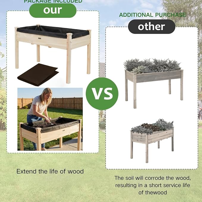 Elevated Wood Raised Garden Bed, 48 x 24 x 30in Wooden Planter Box with Legs, 210LBS Capacity, Non-Woven Liner & 6 Drainage Holes for Backyard Patio Balcony Vegetables Flowers Herbs