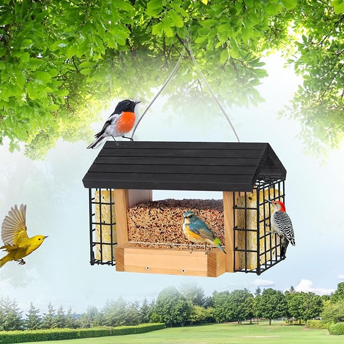 Gbekery Hopper Bird Feeder for Outdoors Hanging, Wooden Bird Feeder with Double Suet Cage and Large Seed Capacity, Cedar Wood Suet Feeder with Weatherproof Roof, Garden Decoration
