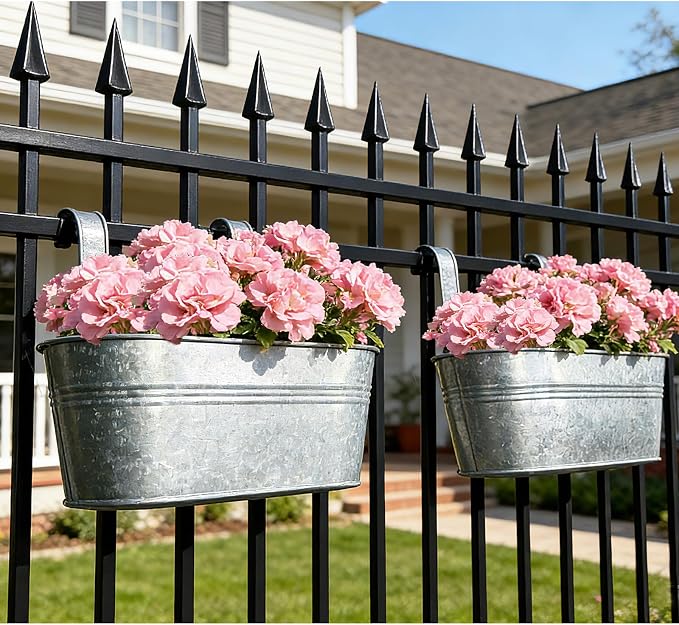 Balcony Galvanized Hanging Planters Railing Flower Pots, Outdoor Metal Fence Planter Pot with Detachable Hooks Drain Hole for Garden Patio Yard Decor (12 Inch, 8Pcs)