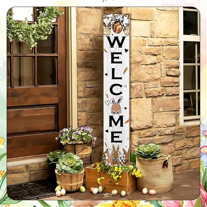 Easter Welcome Sign for Front Door, 47'' Tall Happy Easter Bunny Wooden Porch Sign for Patio, Rabbit Eggs Standing Vertical Door Signs Spring Rustic Yard Signs Seasonal Outdoor Signs for Garden