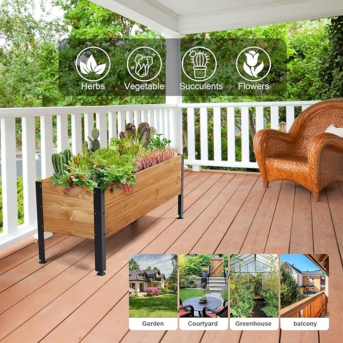OIPRTGFJ Wood Rectangular Garden Planter Box Raised Garden Bed Outdoor,Planters for Outdoor Plants 37x13x15in Elevated Planter Box for Herbs Vegetables Flowers Great for Patio Deck Balcony