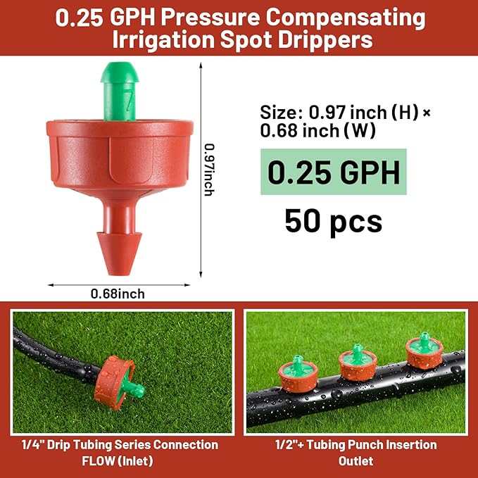 50 PCS 0.25 GPH Pressure Compensating Drip Irrigation Spot Watering Drippers/Emitters, Anti-Clog Self-Cleaning Drip Irrigation Emitters Heads Irrigation Drippers Parts for Seedlings, Mini Gardens