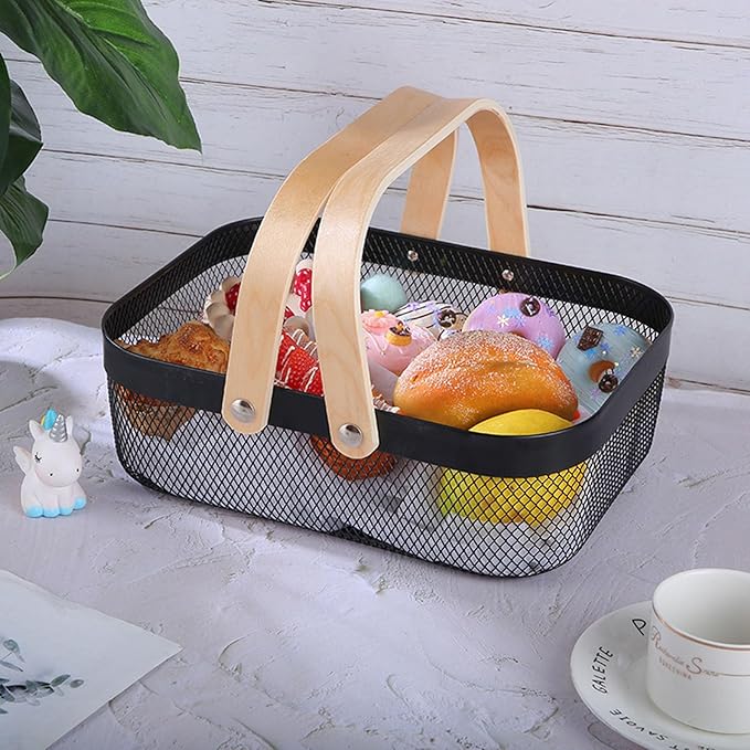 AJIODA Metal Mesh Steel Basket, Storage Organizer Basket Garden Harvest Basket Multi-functional Kitchen Fruit Baskets Bin with Wooden Handle for Bathroom Picnic Shopping Decor Cabinet Home, Black