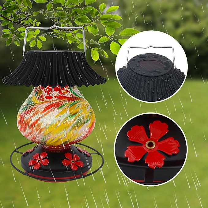 Solar Hummingbird Feeder-5 Feeding Ports with Perch, Hand Blown Glass Red Tree Sea Color Changing-Never Leak, Multicolor Night Lights – Perfect Hummingbird Feeder for Outdoors for Nature Enthusiasts