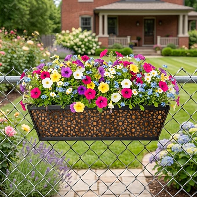 2 PCS 24 Inch Window Deck Box Railing Planter Boxes with Coco Liner,Black Metal Hanging Flower Planter Basket Hanging for Window Sill Balcony Courtyard Garden