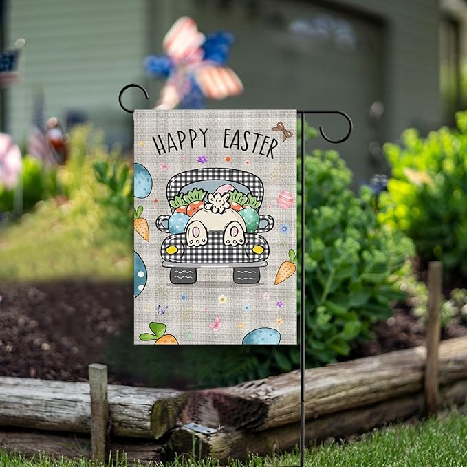 Happy Easter Day Bunny Tail House Flag 28x40 Inch Double Sided Outside Easter Eggs Truck Rabbit Buffalo Plaid Yard Outdoor Flag Banner for Garden Lawn Patio Holiday Decorations