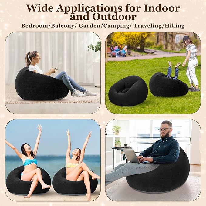 Realspring Inflatable Bean Bag Chairs Outdoor Blow up Camping Chairs Inflatable Lazy Sofa Folding Portable Bean Bag Loungers Couch for Movie Night(Black,12 Pcs)
