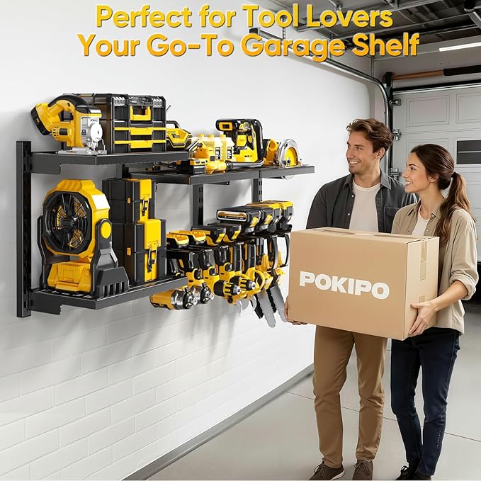 POKIPO Large Modular Power Tool Organizer Wall Mount With 6 Adjustable Shelf, Heavy Duty Iron Tool Storage Rack Loads 300lbs with 8 Cordless Tools Drill Holder,Battery Utility Rack for Garage Workshop