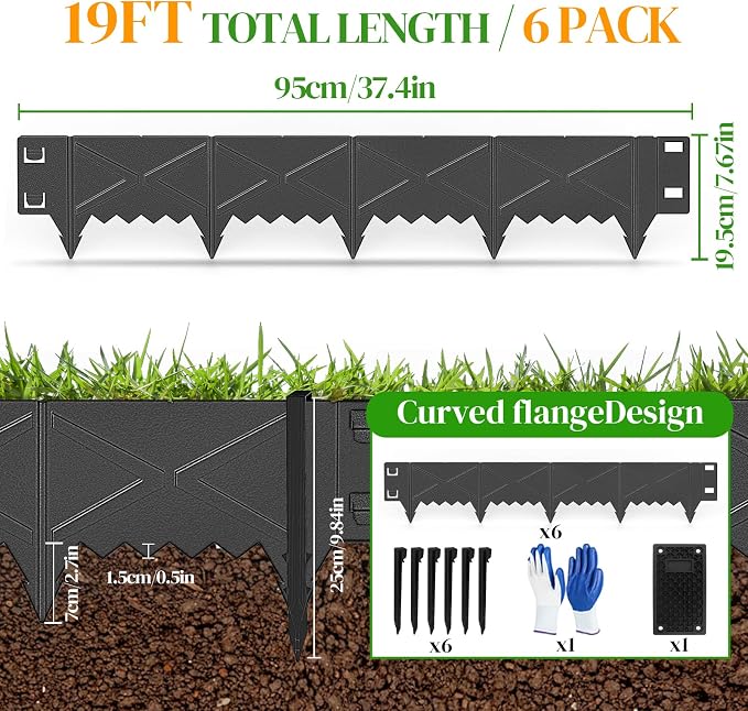 Hlogree 6 Pack Metal Landscape Edging, Garden Edging, Garden Border with 6 Pcs Anchor Stakes, No-Dig Hammer-in Heavy Duty Metal Edging Border for Flower Bed, Yard & Pathway (X-Shaped Black, 8inch)
