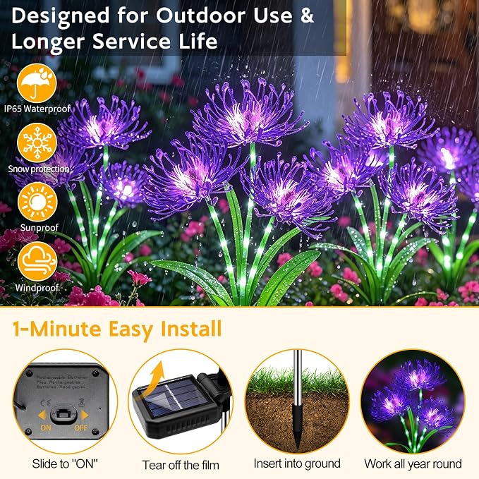VOOKRY Solar Lights Outdoor, 8 Pack Purple Spider Lily Garden Flower Lights | 3Heads per Stem& Individual Solar Panels, Warm White LED Waterproof Yard Lawn Pathway Decor,Decorative Garden Gifts for Women