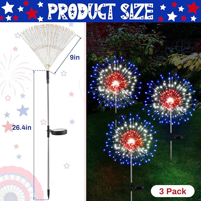 Tujoe 3 Pcs 4th of July Solar Firework Lights Patriotic Solar Light Outdoor Garden 120 LED 8 Modes Waterproof LED Sparkler Light for 250th Anniversary Patio Yard Pathway Walkway (Colorful)