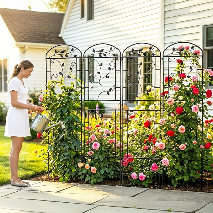 Garden Trellis for Climbing Plants, 4 Pack 71x20 in Metal Lattice Panel with Black Coating, Tall Climbing Support for Rose Vines Clematis Flowers Vegetables Fruits - Plant Trellis Outdoor