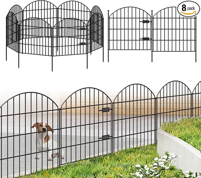 FOREHOGAR Metal Garden Fence with Gate 28in (H) x 18.7ft (L), 1 Gate + 7 Panels Dog Fence Border Fence Animal Barrier, No Dig Garden Fencing for Yard Flower Bed Lawn Patio Outdoor, ECG2829 Black