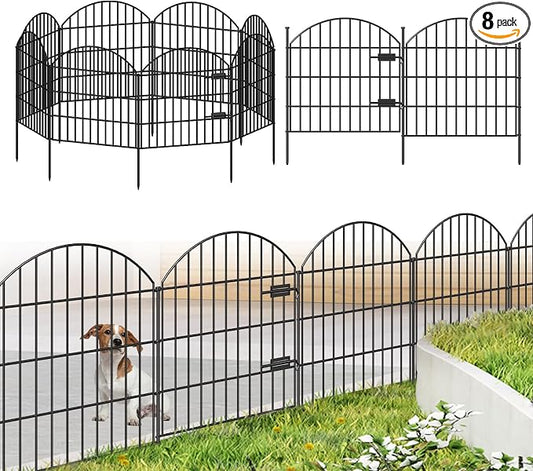 FOREHOGAR Metal Garden Fence with Gate 28in (H) x 18.7ft (L), 1 Gate + 7 Panels Dog Fence Border Fence Animal Barrier, No Dig Garden Fencing for Yard Flower Bed Lawn Patio Outdoor, ECG2829 Black