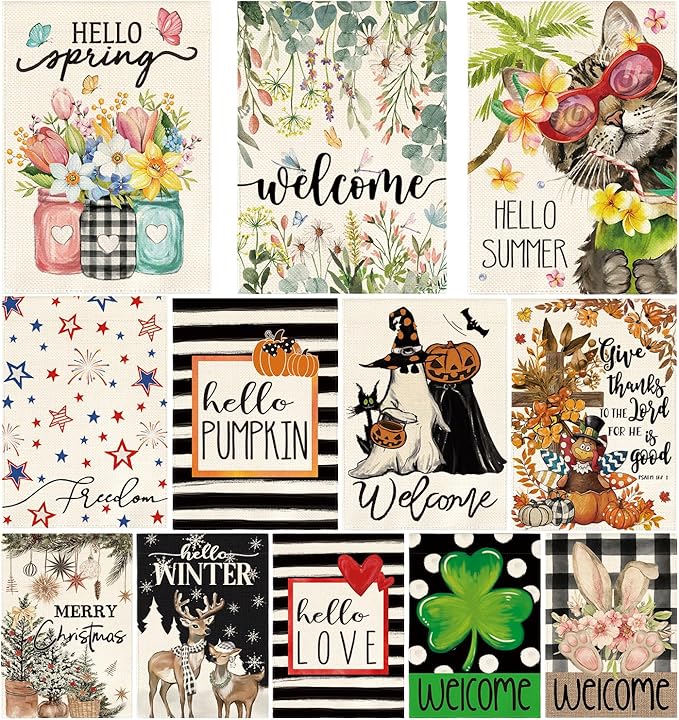 AVOIN colorlife Set of 12 Seasonal Holiday Garden Flag 12x18 Inch Double Sided Outside, Welcome Rustic Farmhouse Yard Outdoor Decoration