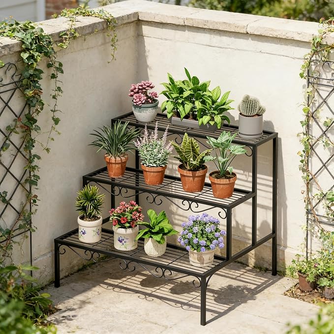 Plant Pot Stand Shelf, 3 Tier Flower Ladder Display Rack, Metal Succulent Plants Storage Holder for Outdoor and Indoor, Black