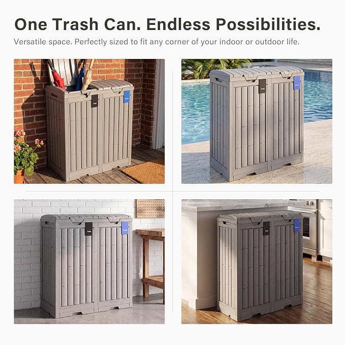 EAST OAK 76 Gallon Outdoor Trash Can | Waterproof Resin Garbage Can with Tiered Lid & Drip Tray | Outside Trash Bin for Patio | Kitchen, Backyard & Deck | Gray Color