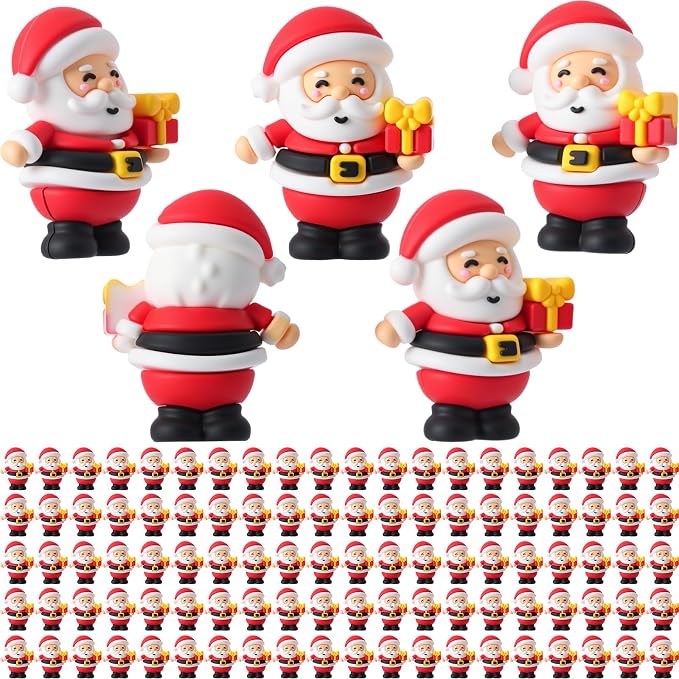 Chunful 100 Pcs Christmas in July Mini Santa Figurines Holding a Gift Tiny Santa Rubber Figure to Hide and Seek Small Statue Xmas Party Supplies Gifts for Xmas Fairy Garden Home Table Decor (Gift Box)