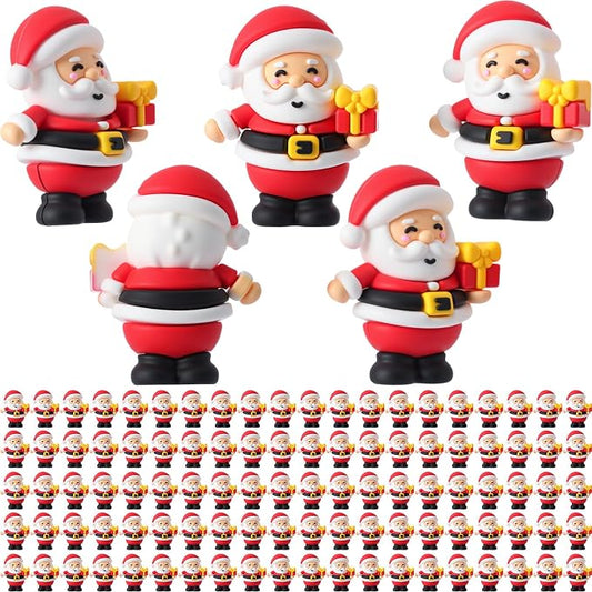 Chunful 100 Pcs Christmas in July Mini Santa Figurines Holding a Gift Tiny Santa Rubber Figure to Hide and Seek Small Statue Xmas Party Supplies Gifts for Xmas Fairy Garden Home Table Decor (Gift Box)