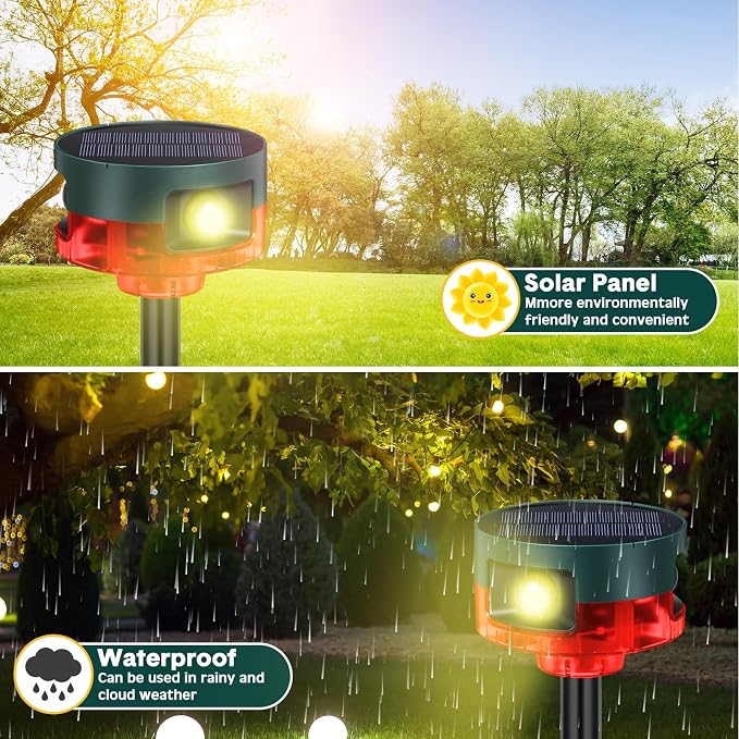 Qualirey 4 Pack Solar Outdoor Motion Sensor Alarm-Dog Barking&Gunshot Sound Support Recording Animal Deterrent for Home Security, 13 Kinds of Sounds (Red)