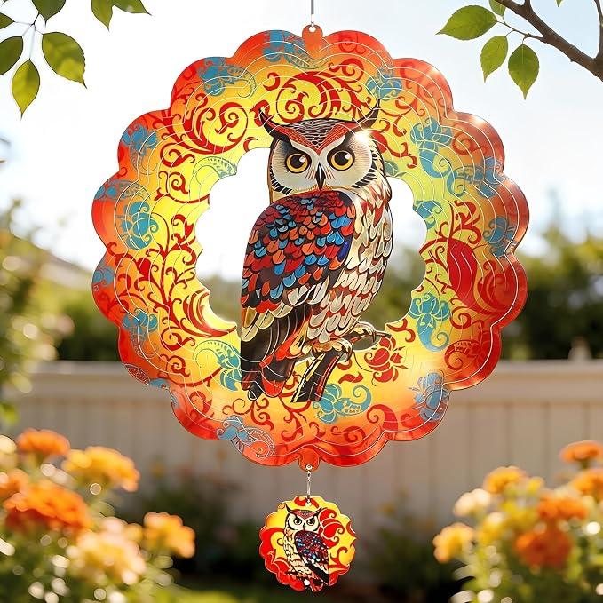 Owl Wind Spinners Outdoor for Mother's Day, IDEA SHOW 12In Stainless Steel Wind Spinners, 3D Kinetic Hanging Sculpture, Rustproof Metal Garden Decor Ornaments for Yard Art, Women, Men, Holidays