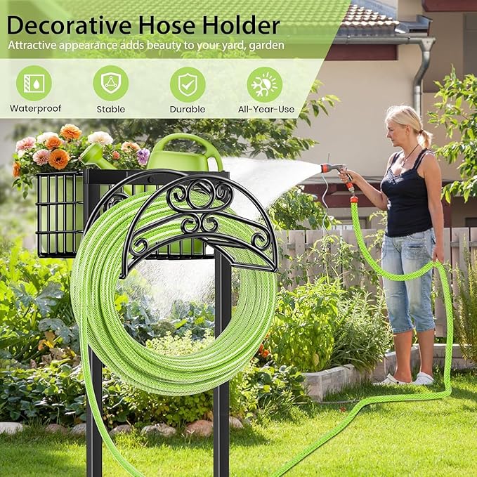 TomCare Garden Hose Holder with Large Storage Basket Heavy Duty Water Hose Holder Holds 160 Feet Hoses 4 Spikes Freestanding Hose Hanger Stable Hose Storage Organizer for Outside Yard