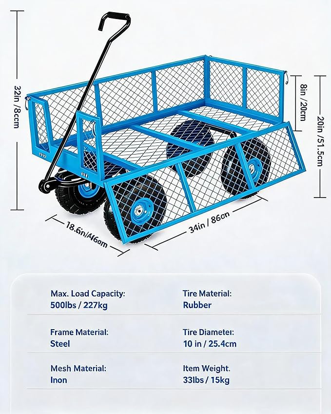 Garvee Steel Garden Cart, 500 LBS Capacity Utility Outdoor Wagon, Heavy Duty Mesh Garden Metal Wagon with Removable Sides, Flexible Handle and 10" Tires for Yard, Lawn, Garden