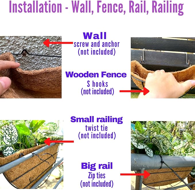 LalaGreen Bundle - 14" x 2 Pack + 14" 2 Pack Hanging Flower Baskets with Coco Liner in Two Different Designs Herb Pot Holder Rail Planter Outside Railing Deck Vertical Garden Wire Pots