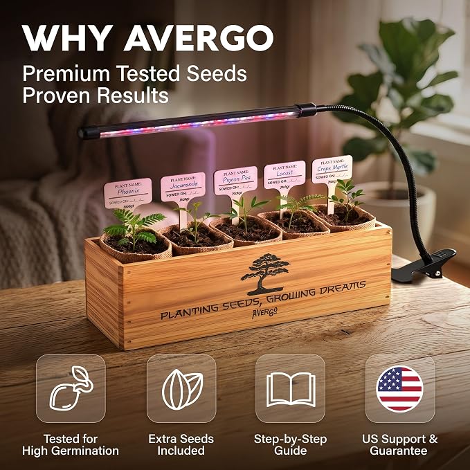 AVERGO Bonsai Tree Kit Deluxe + Growing Light - 5X Unique Japanese Bonzai Trees | Complete Indoor Bonsai Starter Kits for Growing Trees – DIY Gardening Gifts for Mother, Women & Men