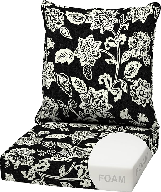 Arden Outdoor Foam Deep Seat Cushion Set, 22x24, Premium High-Density Foam, Never Flattens, Weather-Proof for Patio Chair Sofa Couch, Ashland Black Jacobean