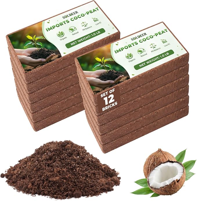 12 PCS Coco Coir Bricks - Compressed Coconut Fiber Substrate for Plants, Gardening, Potting Mix. Low EC & Balanced pH Natural Growth Medium for Seed Starting, Herbs