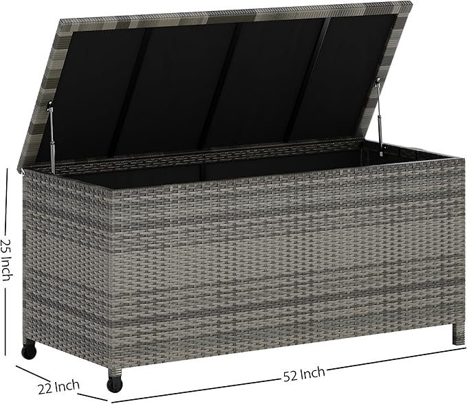 125 Gallon Outdoor Deck Box with Wheels, Waterproof PE Wicker Rattan & Aluminum Frame Storage Bin for Patio Cushions, Garden Tools, Pool Toys, Lockable Patio Furniture(Gray)