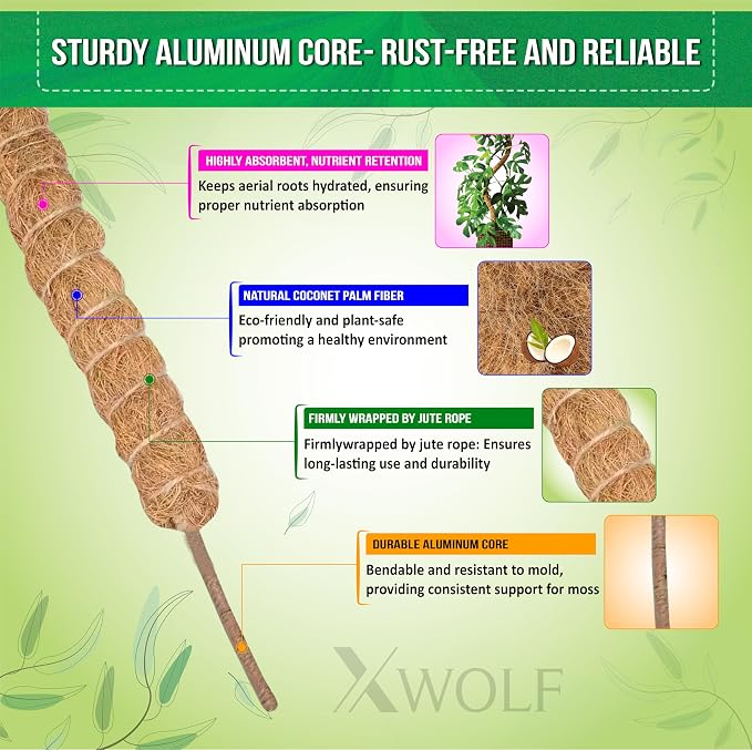 2 Pack 48 Inch Bendable Moss Pole Monstera Plant Support for Climbing Indoor Plants, Tall Coir Plant Pole Sticks & Plant Stakes for Pothos, Philodendron & Potted Plants, Includes Plant Ties