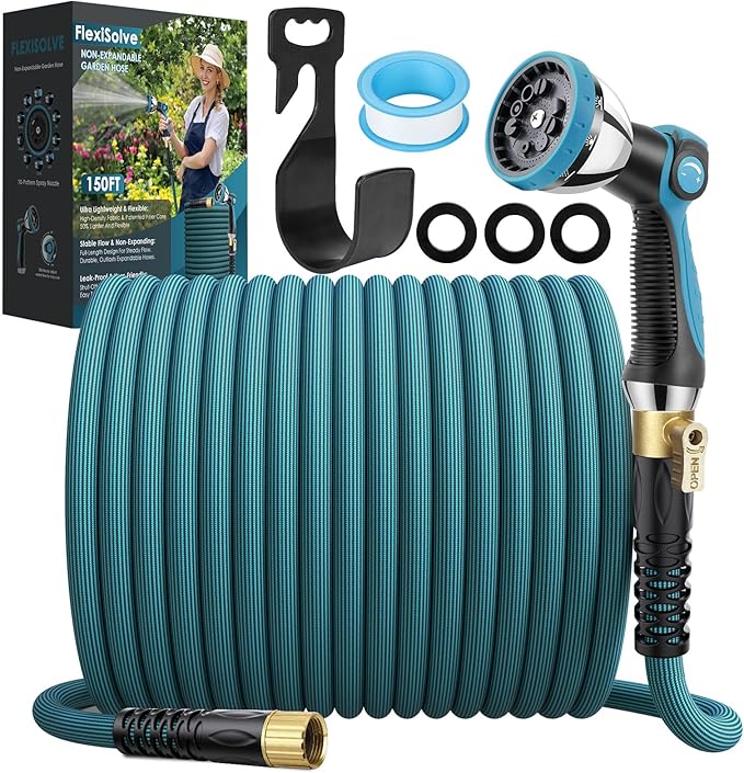 FlexiSolve NON-EXPANDABLE Garden Hose 150 ft, Ultra Lightweight Flexible Water Hose with 10-Pattern Nozzle & Shut-Off Valve, Holder, Leakproof & Kink-Resistant Reinforced Fittings for Yard Outdoor