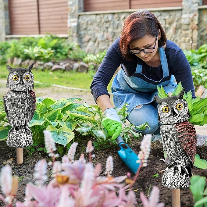 Fake Owl Decoys to Scare Birds Away-15.8 Inch, 2 Pack Rotating Head Sculptures, Nature Enemy Scarecrow Plastic Owl Statues, Bird Control and Pigeon Deterrent Outdoor for Outside, Patio, Yard