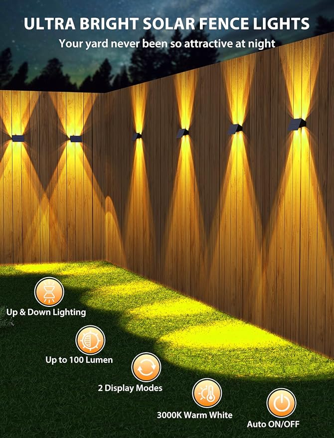 Solar Fence Lights Outdoor,12Pack Solar Wall Lights Up and Down Waterproof Brighter LED Focus Lens Dusk to Dawn Fence Lights Solar Powered for Patio/Backyard/Porch/Railing/Step