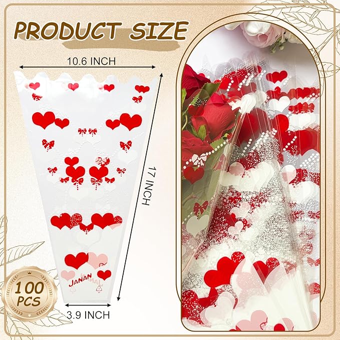 SELANTAG 100 Pack Red Heart Clear Flower Bags for Bouquets,Valentine's Day Heart Flower Bouquet Bags, Floral Wrapping bag, Sleeves Perfect for Mother's Day, Wedding (10.6in x 17in x 3.9in)