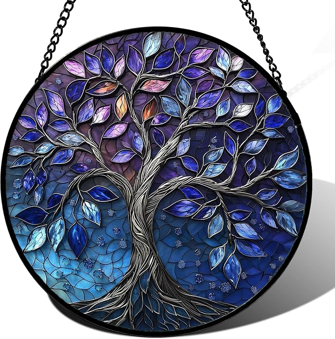DASTOLL Stained Glass Window Hanging, Blue Purple Tree of Life Sun Catchers Colorful Glass Panel Plants Suncatcher Decor for Birthday for Women,Men,Wife, Lovers, and Mom 11.8x11.8 in