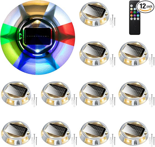 AGPTEK Round 12 Modes 9 in 1 Solar Driveway Lights with Remote Control 12 Pack-30H Runtime, IP67 Waterproof, 3-Ton Load Capacity, RGB Color Changing Outdoor Lights for Patio, Garden, Deck, Dock, Step