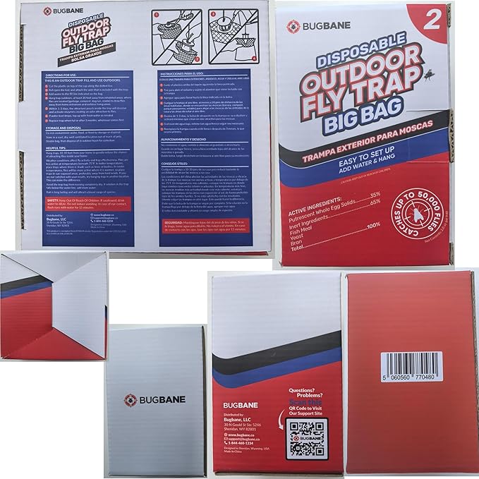Fly Traps Outdoor Fly Trap for Patio. 2 Large Non-Toxic Pre-Baited Flies Bags Outdoor Disposable. Big Hanging Bug Catchers for All Filth Flies Killer for Outside Bug Control in Yard Horse Ranch.