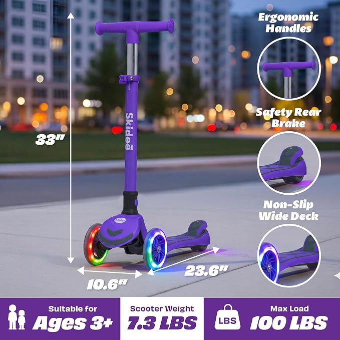 SKIDEE Kick Scooter for Kids Ages 3-5 | Foldable 3 Wheel Scooter with Lean-to-Steer, Adjustable Height, Removable Seat & LED Light Wheels | Toddler Scooter Up to 12 Year Old Boys/Girls