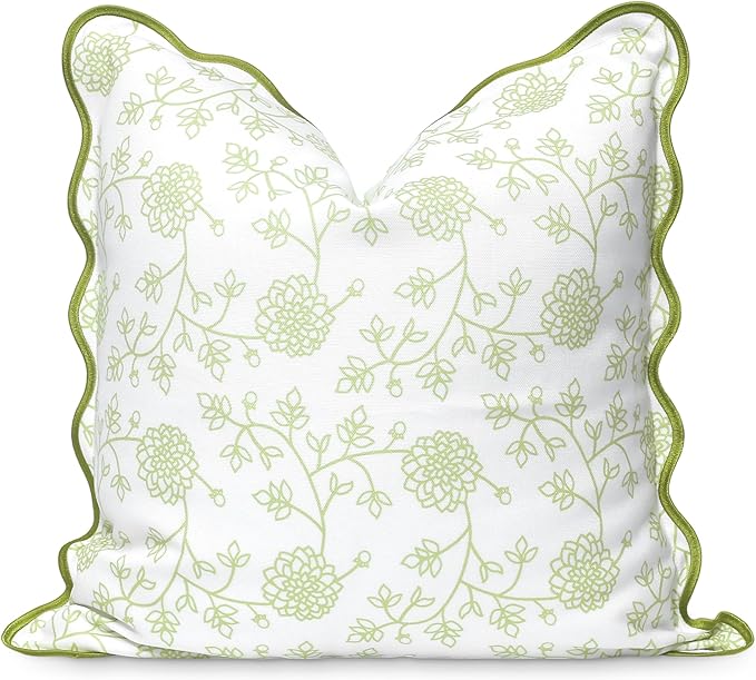 Hofdeco Premium Coastal Patio Indoor Outdoor Scalloped Throw Pillow Cover Only, 20"x20" Water Repellent for Backyard, Couch, Green Print Dahlia Floral