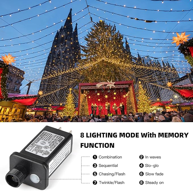 XTF2015 262FT 800 LED Christmas String Lights, Christmas Lights Plug 8 Modes Memory Function with Timer, UL Certified Outdoor Indoor Fairy Light Christma s Tree, Patio, Party (Warm White)