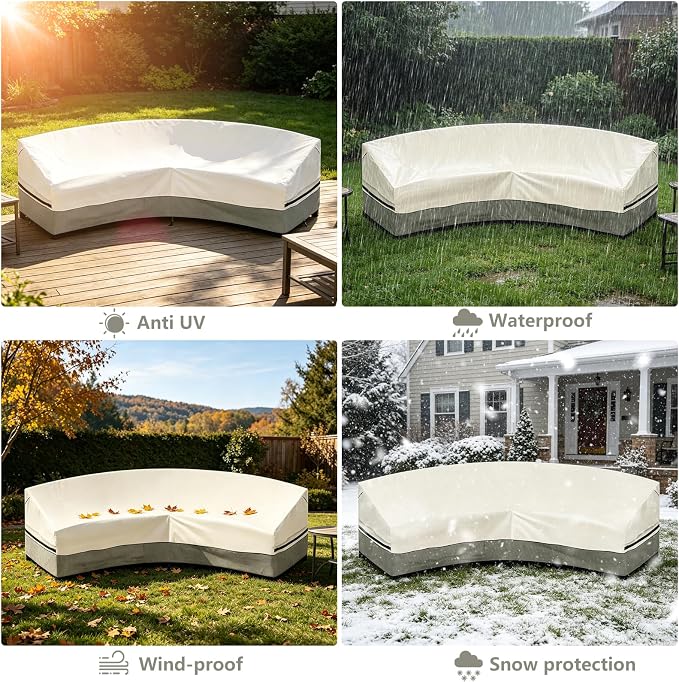 Okcool Outdoor Sectional Cover,Curved Patio Furniture Covers for 3-4 Seater Outdoor Furniture Couch,120"(Back Arc Length) x 81"(Front Arc Length) ,White&Grayish Green